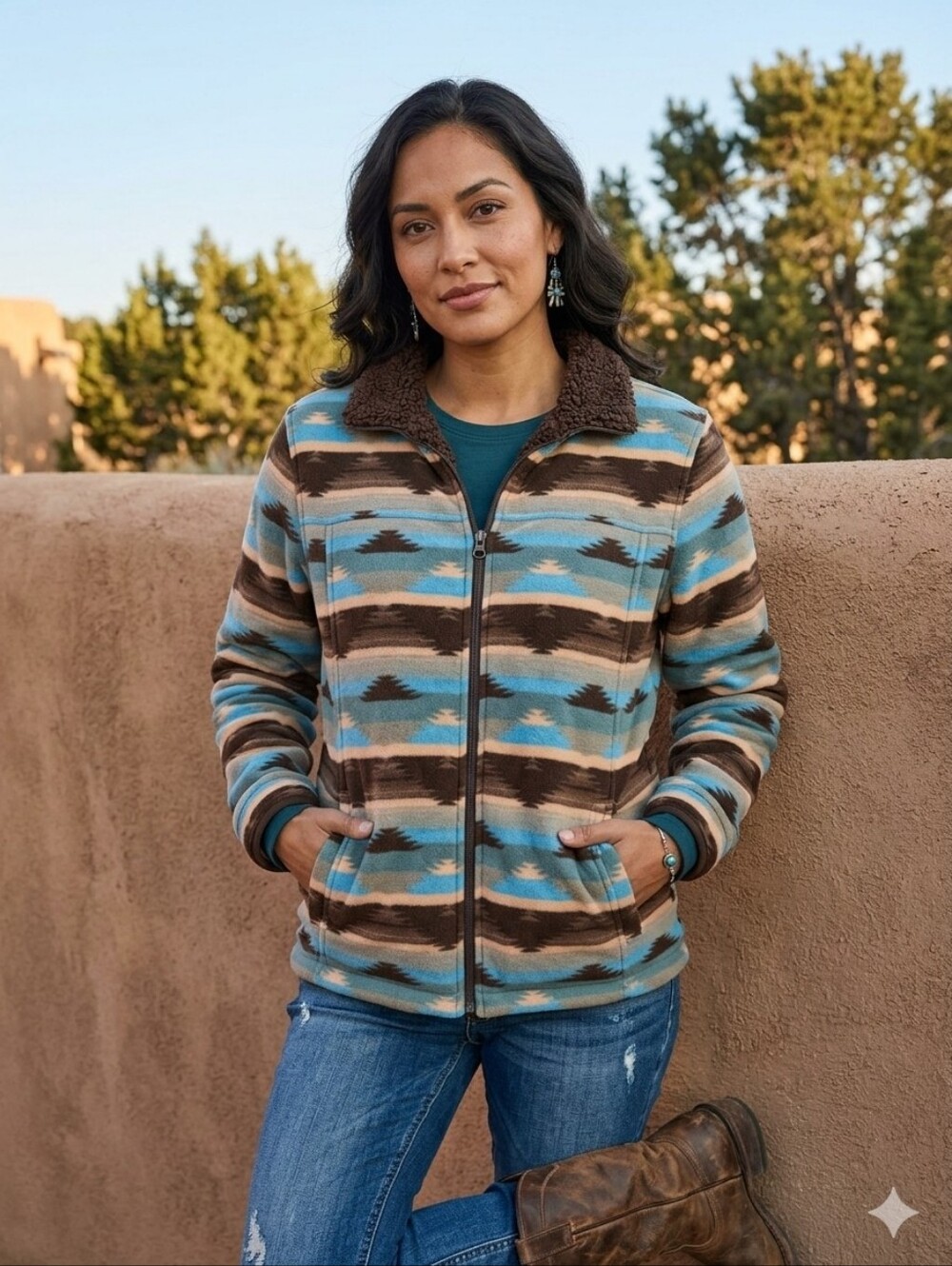 Outback Trading Company Women's Brown and Light Blue Sherpa Jacket Sz L